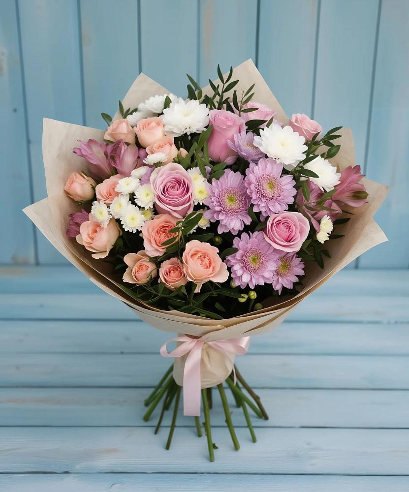 Букет цветов из: Хризантемы, Розы и Альстромерии в Юность