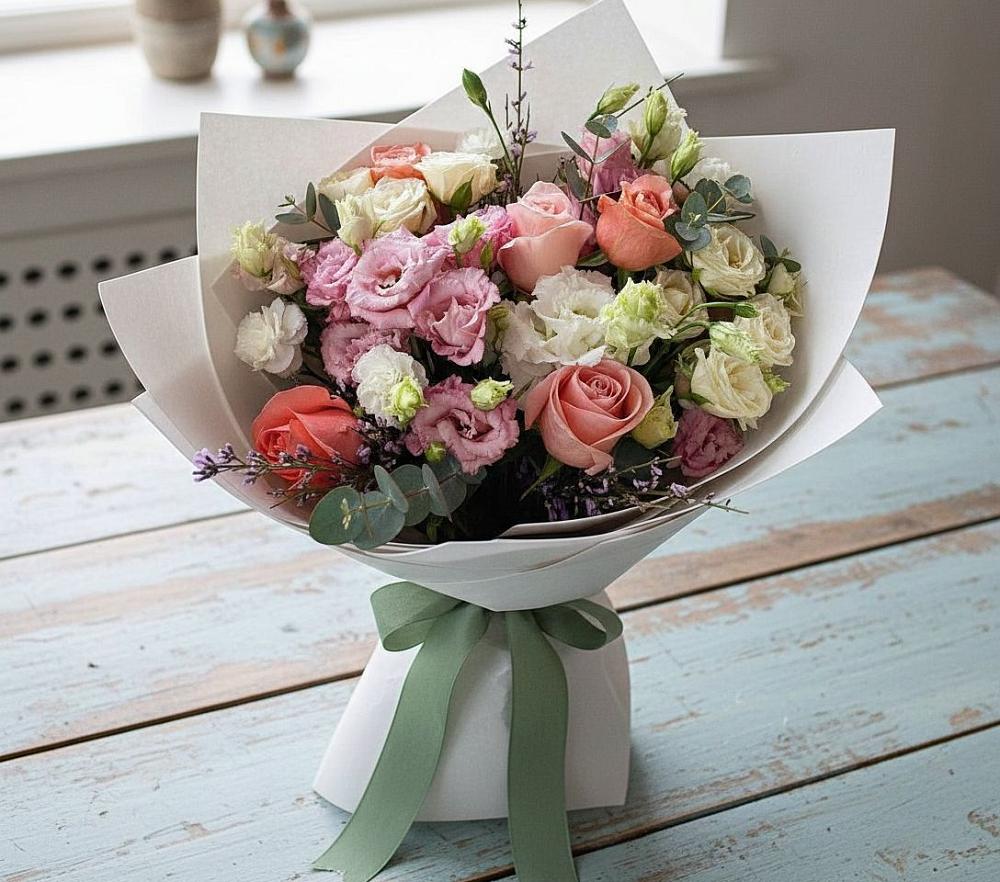 Букет цветов из: Розы, Лизиантусы и Гвоздики в Юность