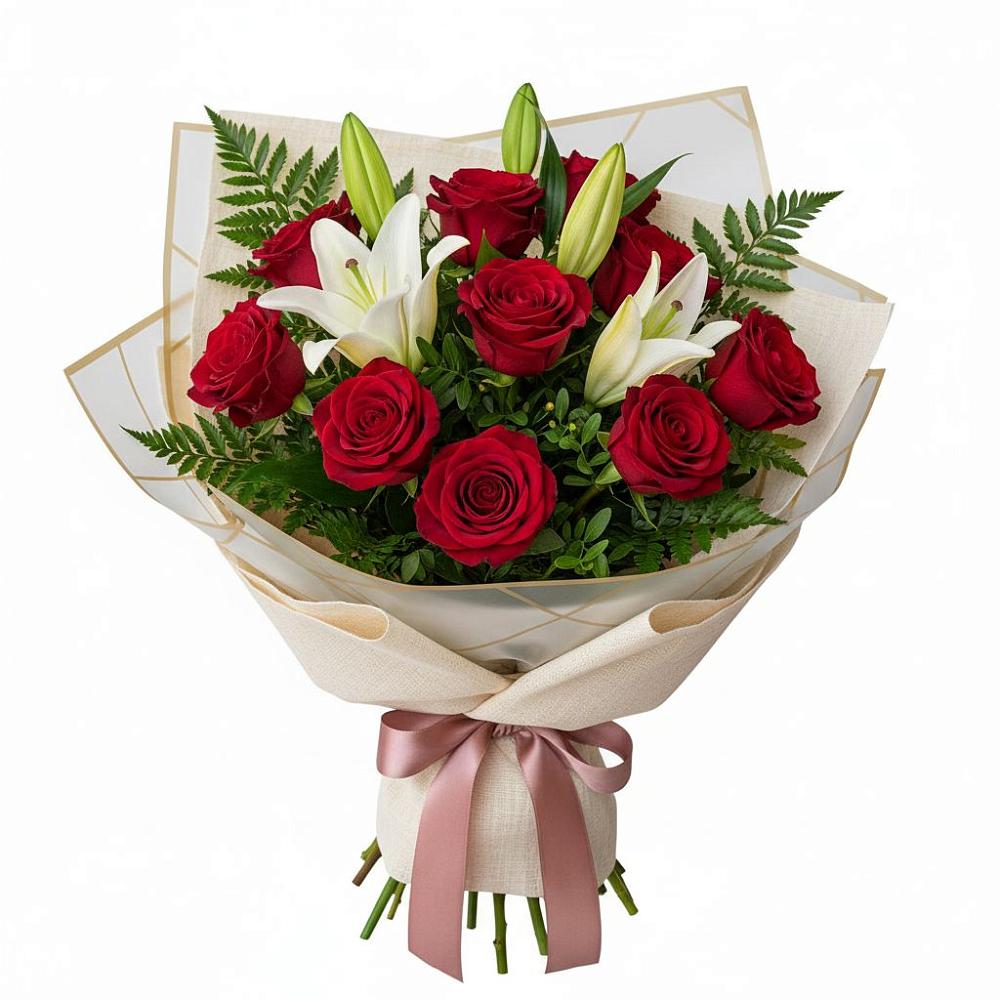 Букет цветов из: Лилии и Розы в Юность