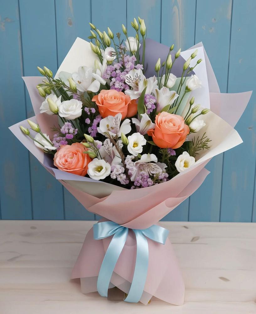 Букет цветов из: Лизиантусы, Розы, Альстромерии и Гипсофила в Юность