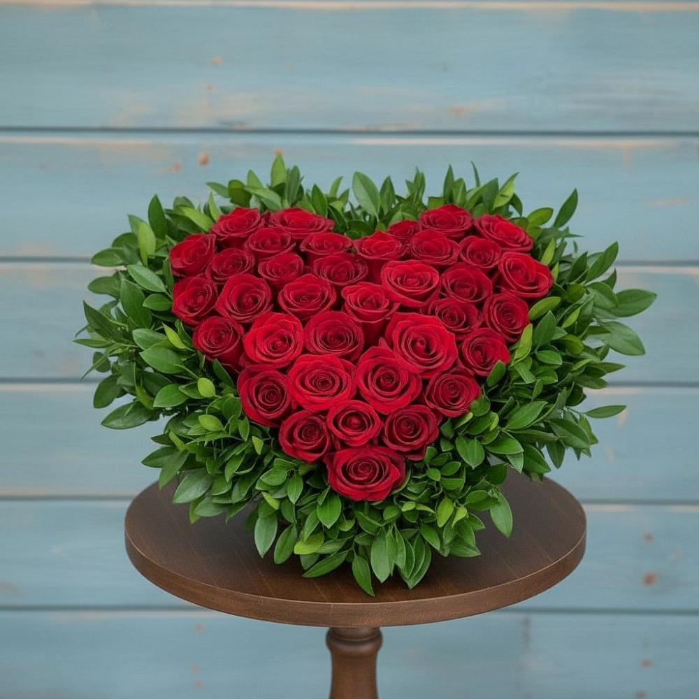 Цветочная композиция из Розы в виде сердца в Юность