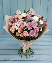 Букет цветов из:  Хризантемы, Розы и Альстромерии в Юность