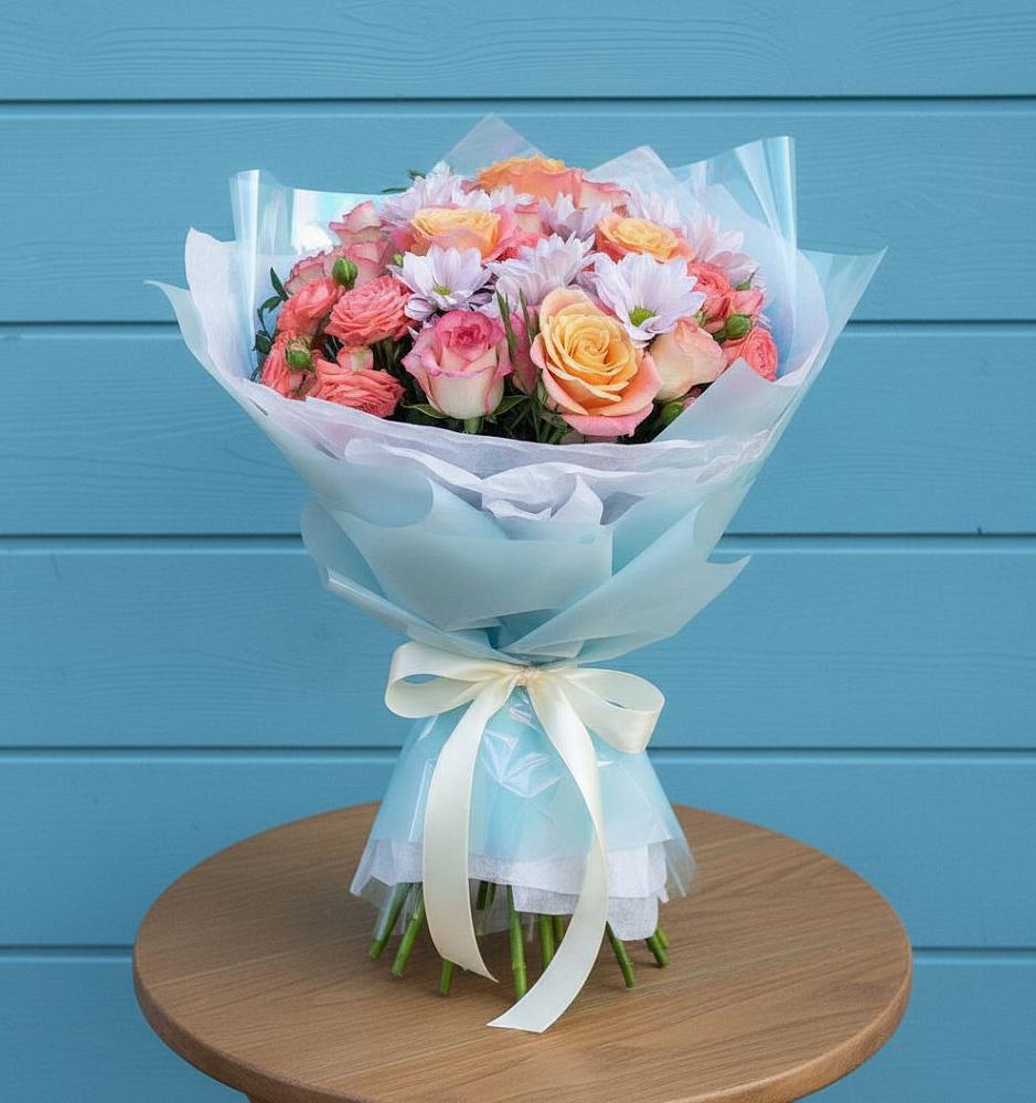 Букет цветов из: Хризантемы и Розы в Юность