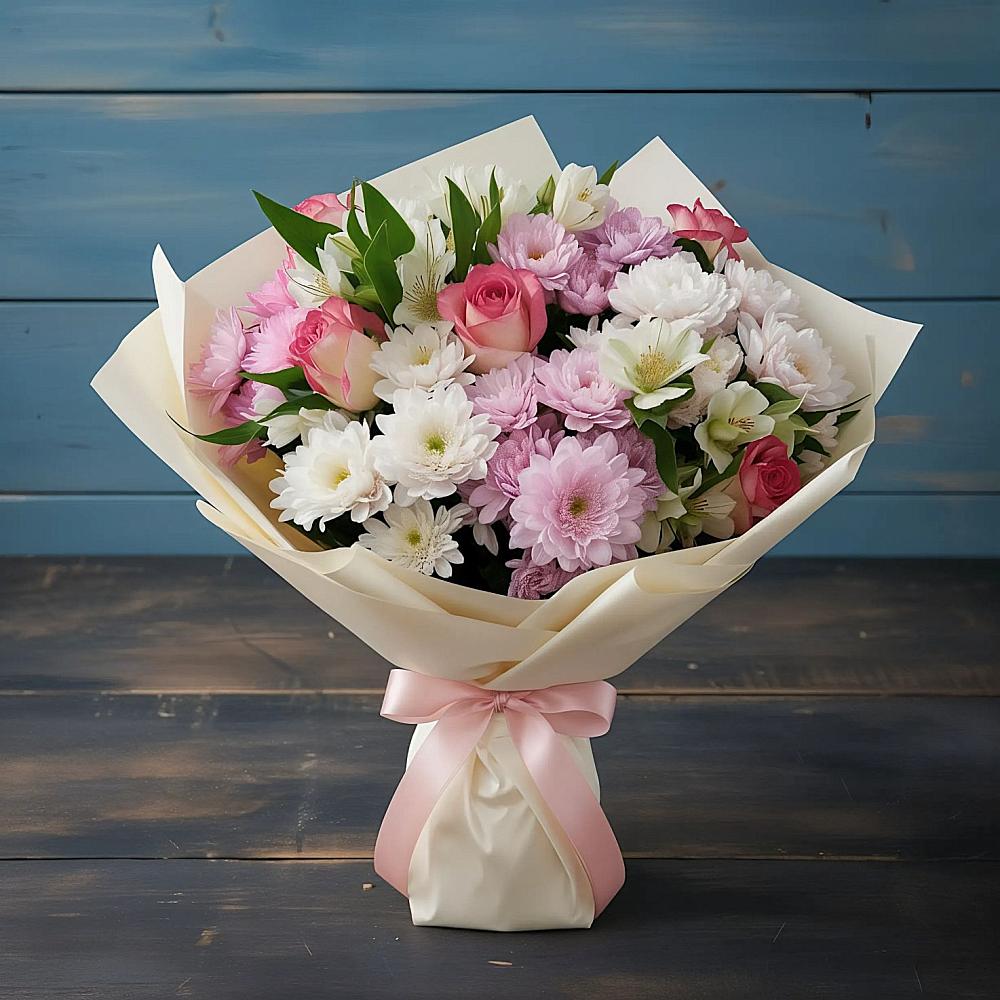 Букет цветов из: Хризантемы, Альстромерии и Розы в Юность